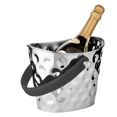 Ice bucket Gilbert (height 17 cm), black leather handle, hammered, brass, shiny nickel-plated*