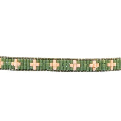 Khaki & Peach Narrow Cross Beaded Bracelet