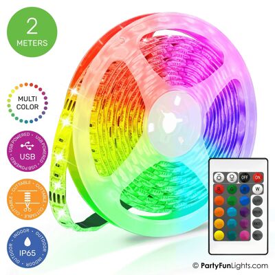 PartyFunLights - LED Strip - Multi-Color RGB - Works on USB - 2 Meter