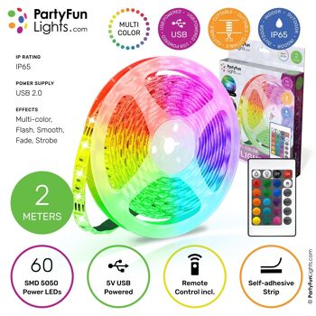 PartyFunLights - Bande LED - RVB Multicolore - Fonctionne sur USB - 2 Mètres 4