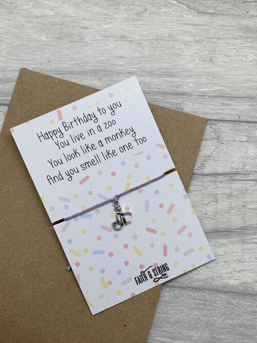 Novelty Birthday Gift, Monkey Birthday Wish Bracelet, Funny Birthday card, funny birthday gift, novelty birthday card, birthday for niece