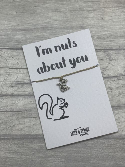 Squirrel Bracelet, Squirrel Gift, Nuts about you card, Gift for girlfriend, Squirrel Wish bracelet, squirrel charm bracelet