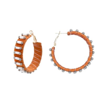 Coral Orange Woven Hoop With Grey Bar Bead Detail Earrings