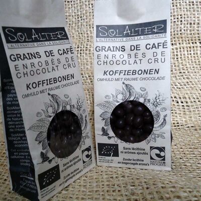 Raw dark chocolate coated coffee beans
