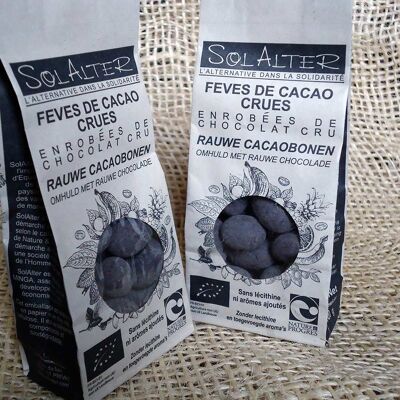 Raw cocoa bean coated with raw dark chocolate