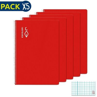 Pack 5 Bloc Espiral Folio 50 h 70 gr Cuadrícula 3x3 margen Rojo