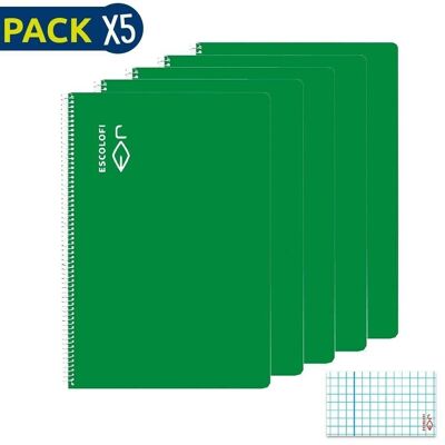Pack 5 Bloc Espiral Folio 50 h 70 gr Cuadrícula 3x3 margen Verde