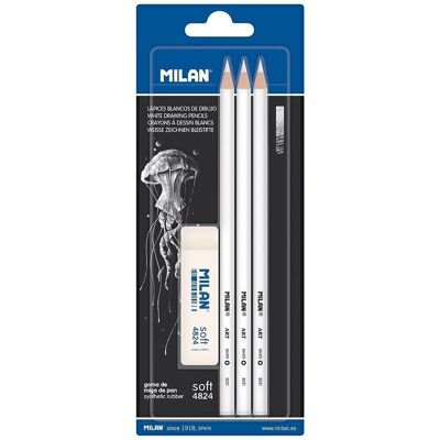 Set 3 lápices blancos con Goma Soft Milan