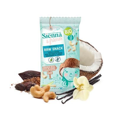 RAW SNACK FOR KIDS - 100% ORGANIC - COCONUT & COCOA - NO REFINED SUGAR - NO GLUTEN - FROM 3 YEARS OLD - 20G