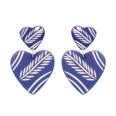 Blue Resin Etched Heart Drop Earrings