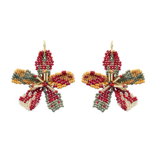 Small Green & Red Ombre Beaded Flower Earrings
