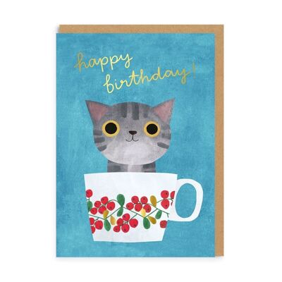 Tarjeta de cumpleaños del gatito de la taza de té