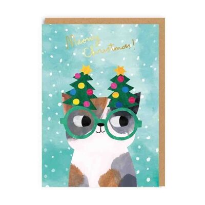 Tarjeta de Navidad de gato en gafas de árbol