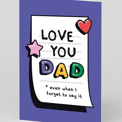 Grußkarte mit der Aufschrift „Love You Dad“ im Kühlschrank