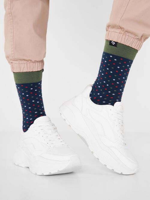 Bunte Bio-Socken mit Punkten - Dunkelblaue bunt-gepunktete Socken