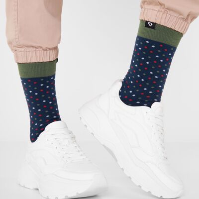 Bunte Bio-Socken mit Punkten - Dunkelblaue bunt-gepunktete Socken