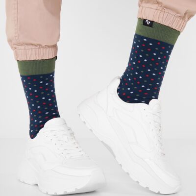 Bunte Bio-Socken mit Punkten - Dunkelblaue bunt-gepunktete Socken