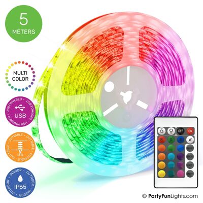 PartyFunLights - LED Strip - Multi-Color RGB - Works on USB - 5 Meter
