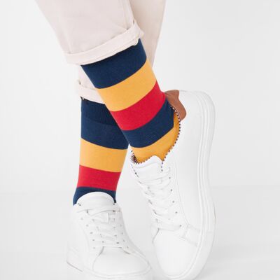 Bio-Socken Gestreift - Bunte Socken mit breiten Streifen in Blau, Rot und Gel, Sunset