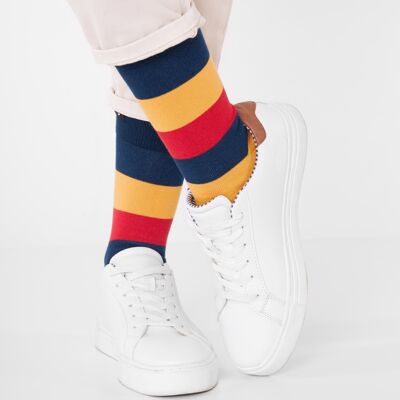 Bio-Socken Gestreift - Bunte Socken mit breiten Streifen in Blau, Rot und Gel, Sunset