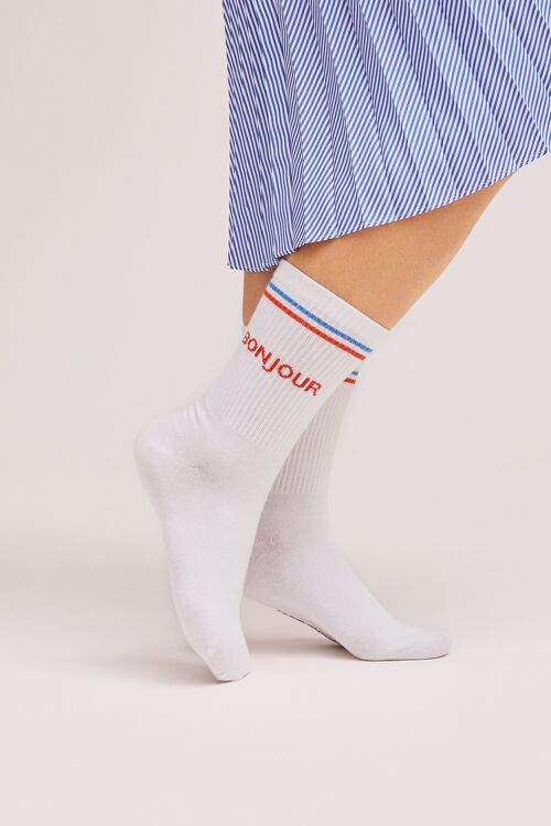 Bio-Socken Bonjour - Weiße Tennissocken mit Streifen und Schriftzug
