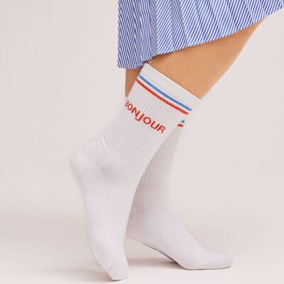 Organic socks Bonjour - white tennis socks with stripes and lettering