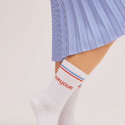 Bio-Socken Bonjour - Weiße Tennissocken mit Streifen und Schriftzug