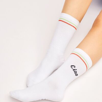 Organic socks Ciao - white tennis socks with stripes and lettering