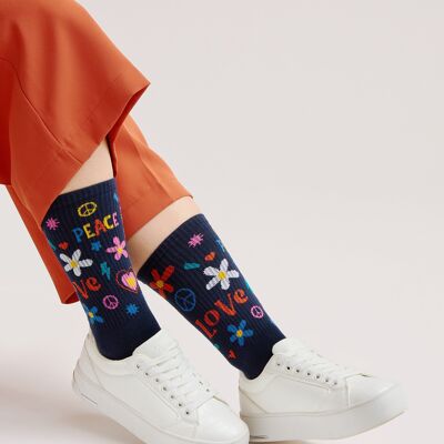 Calcetines Hippie Orgánicos - Calcetines de tenis azules con un colorido patrón Love & Peace