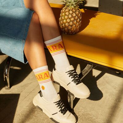 Organic Socks Paradise - White tennis socks with island motif and lettering, Paradise