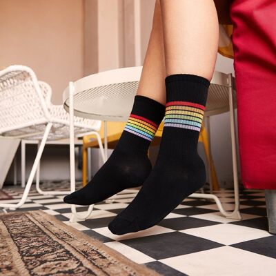 Organic socks with stripes - black tennis socks with colorful stripes