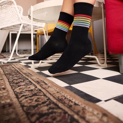 Organic socks with stripes - black tennis socks with colorful stripes