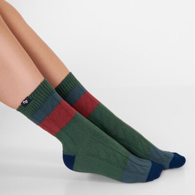 Warm organic socks - Green socks with knitted pattern, blue and red stripes, Academia