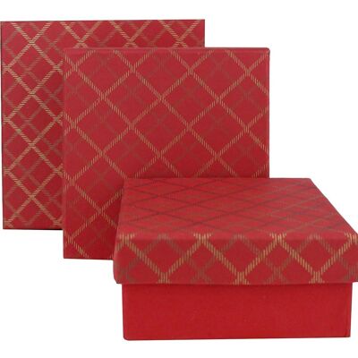Set of 3 Square Chequered Red Handmade Cotton Paper Gift Box