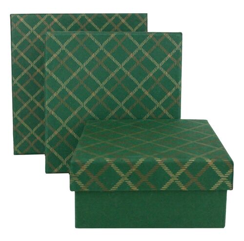 Set of 3 Square Chequered Green Handmade Paper Gift Box