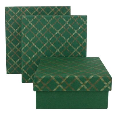 Set of 3 Square Chequered Green Handmade Paper Gift Box