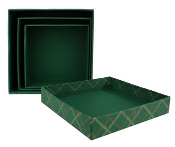 Lot de 3 coffrets cadeaux en papier fait main vert à carreaux carrés 4