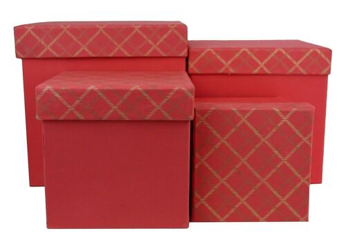 Set of 4 Square Chequered Red Handmade Cotton Paper Gift Box