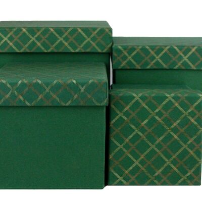 Lot de 4 coffrets cadeaux en papier fait main vert à carreaux carrés