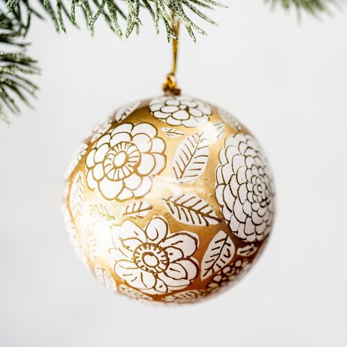 2" Gold With White Flower Bauble