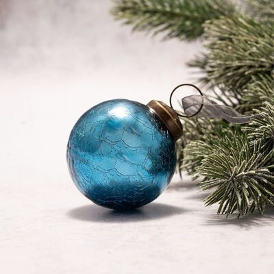 Boule de Noël en verre craquelé bleu sarcelle de 2 po