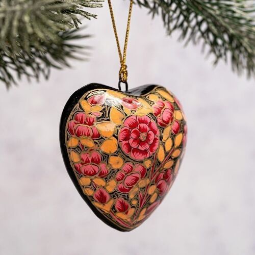 Pink Russian Heart Floral Paper-Mache Hanging Ornament