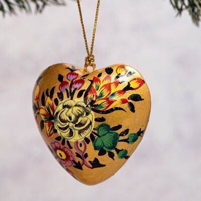 Ornamento da appendere in cartapesta floreale a forma di cuore indiano dorato