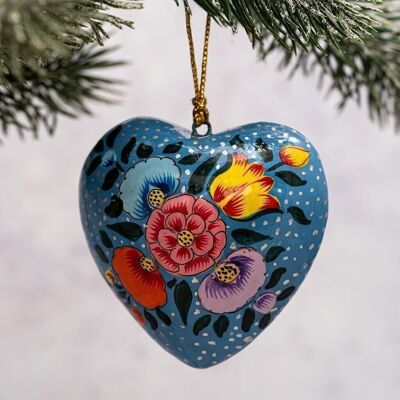 Blue Indian Heart Floral Paper-Mache Hanging Ornament