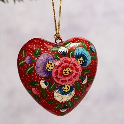 Ornamento da appendere in cartapesta floreale a forma di cuore rosso indiano