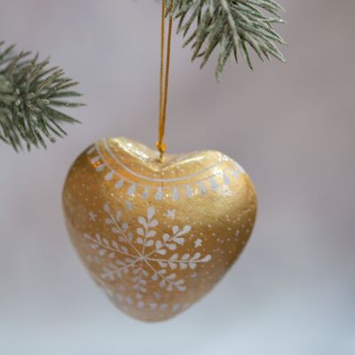 Adorno colgante navideño con forma de corazón y copo de nieve dorado