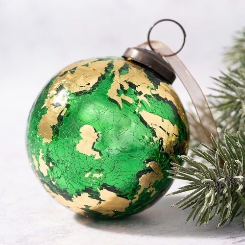 3" Emerald with Gold Foil Crackle Glass Christmas Bauble