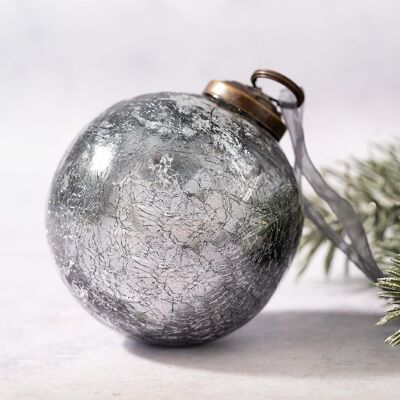 Boule de Noël en verre craquelé en ardoise de 3 po avec feuille d'argent