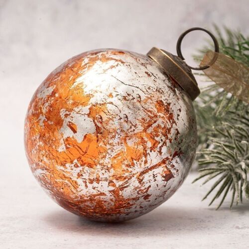 3" Tangerine with Silver Foil Crackle Glass Christmas Bauble