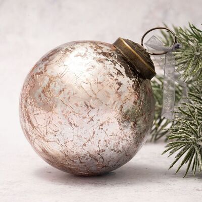 3" Rose with Silver Foil Crackle Glass Christmas Bauble